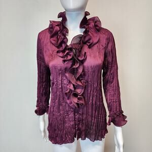 Dressbarn Womens Ruffle Satin Blouse Size M Purple Pleated Whimsigoth Ethereal